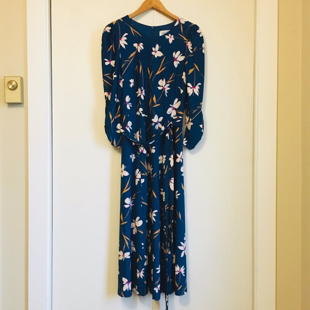 Eliza J Classy Blue Floral Belted Retro A-Line Maxi Dress